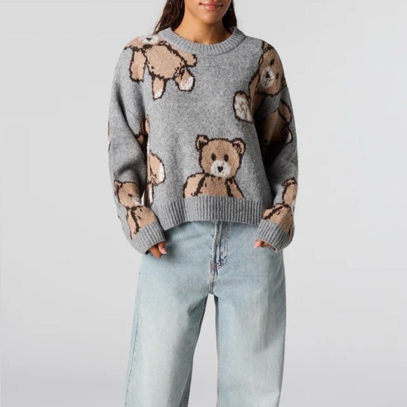 Streetwear Society Sweaters - Teddy Bear Jacquard Knit Cropped Sweater - Size S